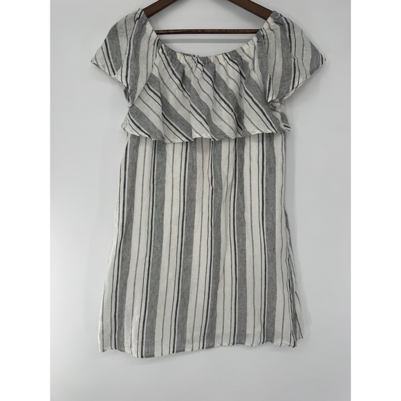 Saks Fifth Avenue Linen Blend Striped cold Shoulder Dress M beachy coverup boho - Picture 7 of 8